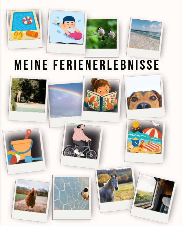 Auf dem Bild sind Fotos von Ferienerlebnissen zu sehen: Freibad, Tiere, Strand, Radfahren, Fußball, Zugfahrt, Bauernhof