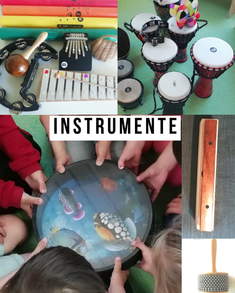 Auf dem Bild sind verschiedene Instrumente zu sehen: Glockenspiel, Trommeln, Ocean Drum, Ein Holzklangstab, Rasseln, Boomwhackers, Kalimba, Tambourin